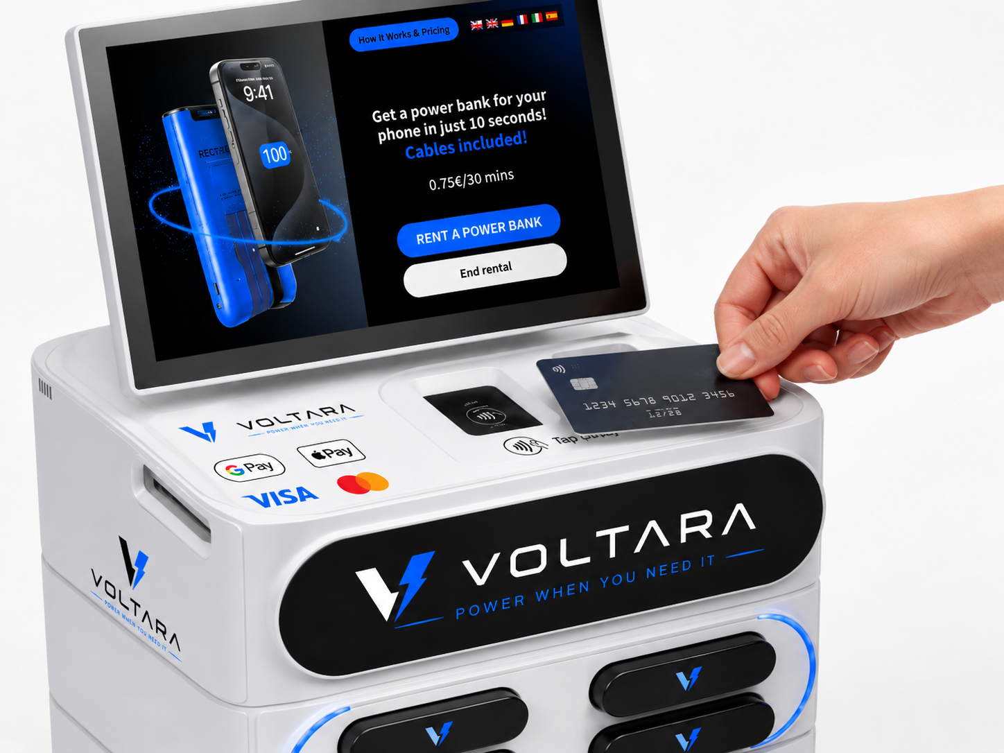 Customer paying at a Voltara station