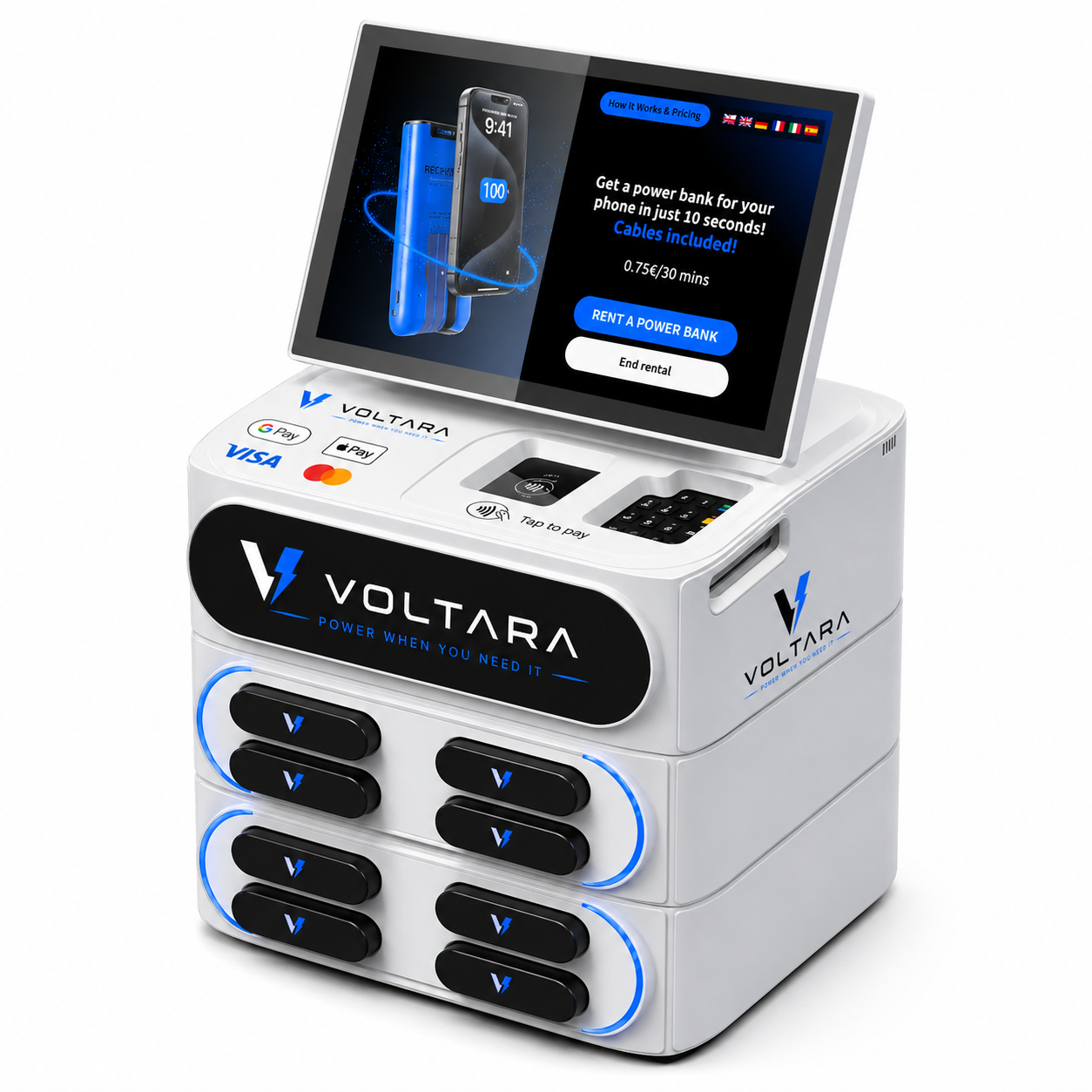 Voltara powerbank charging station with touchscreen and rental slots