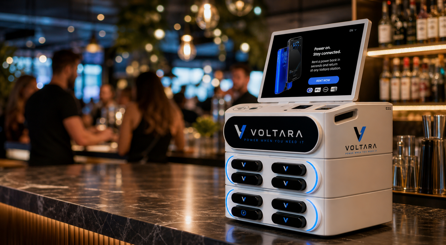 Voltara charging station on a modern bar counter